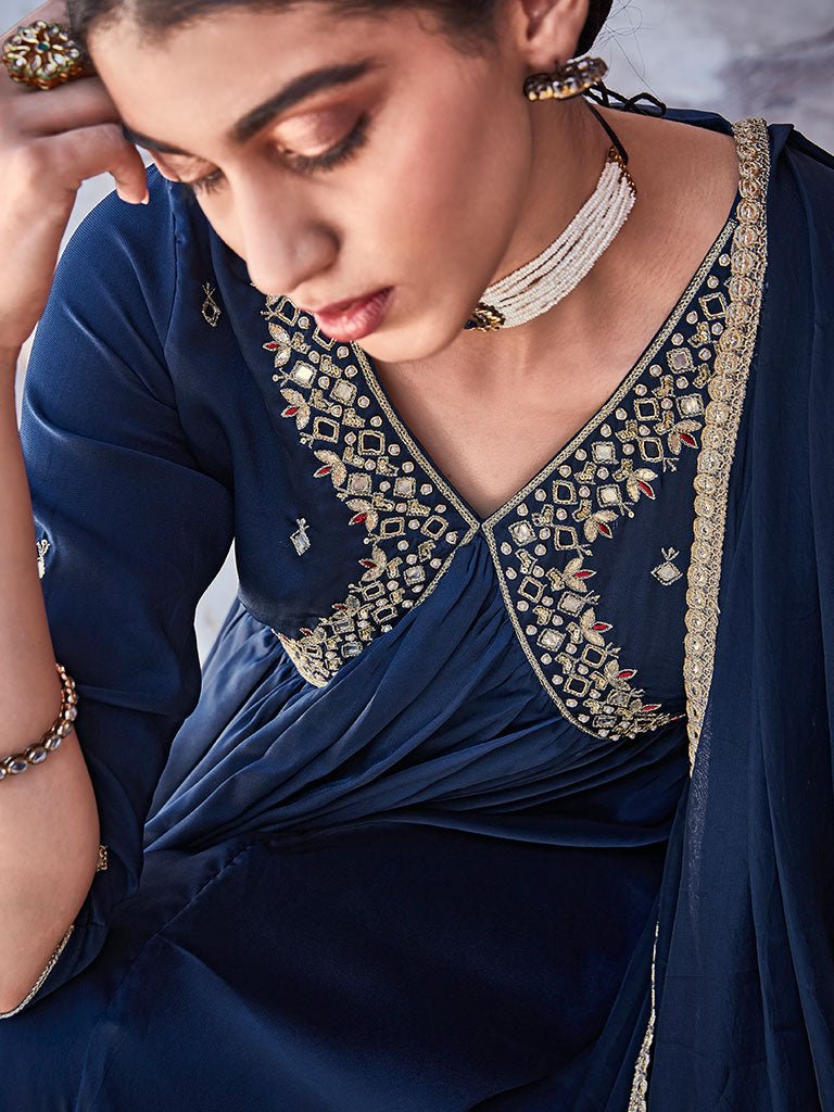 Navy Blue Zardosi Embroidered Silk Long Kurta Paired With Embroidered Organza Dupatta - Image 4