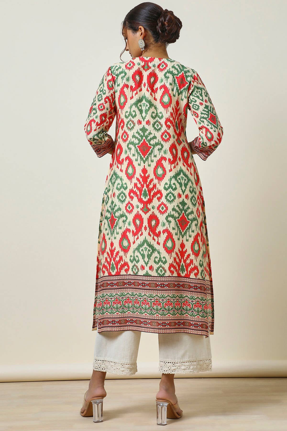 Cream Printed Linen Blend Kurta With Mirror Work - Image 5