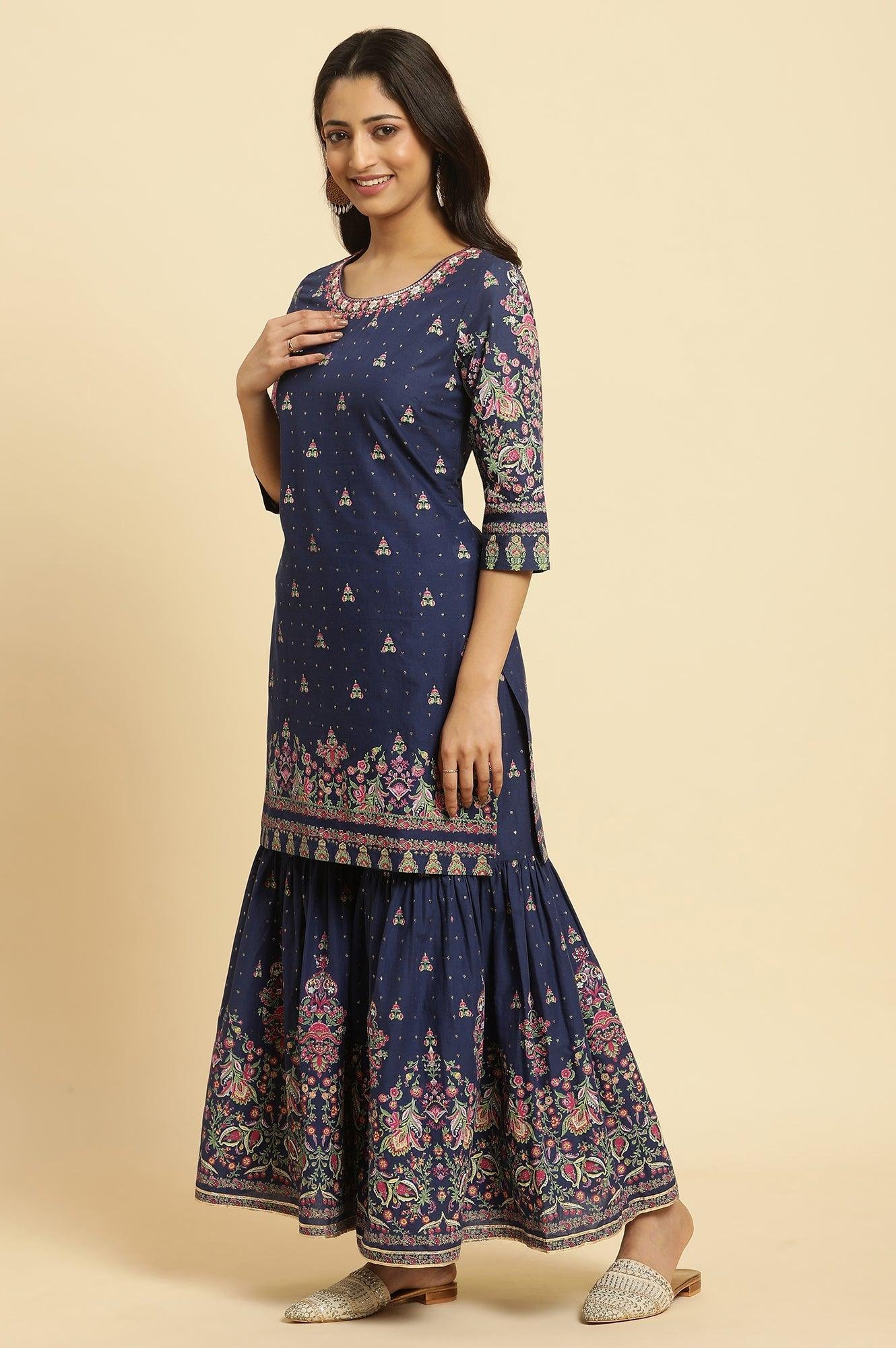 Blue Floral Printed Kurta, Sharara And Dupatta Set - Image 3