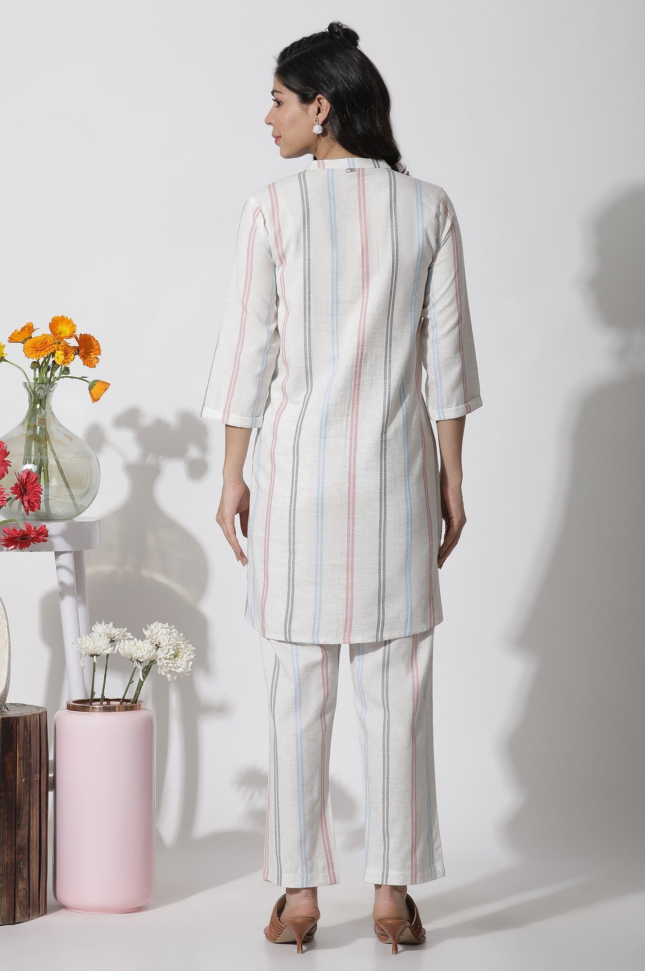 White Stripe Printed Pintuck Tunic And Pants Co-Ord Set - Image 7