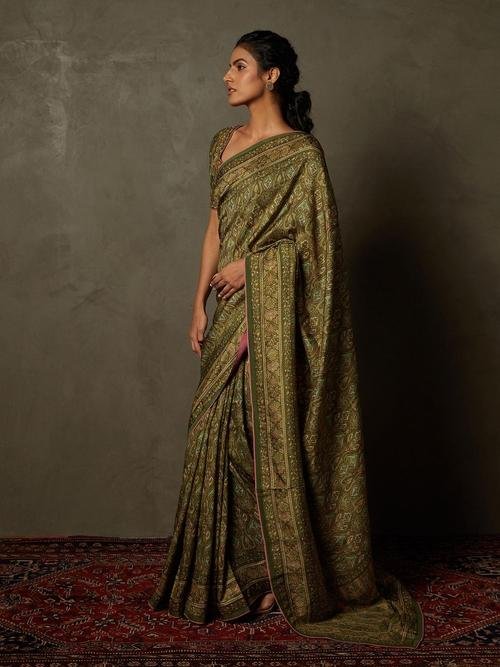 Olive & Beige Shereen Saree With Unstitched Blouse - Image 4